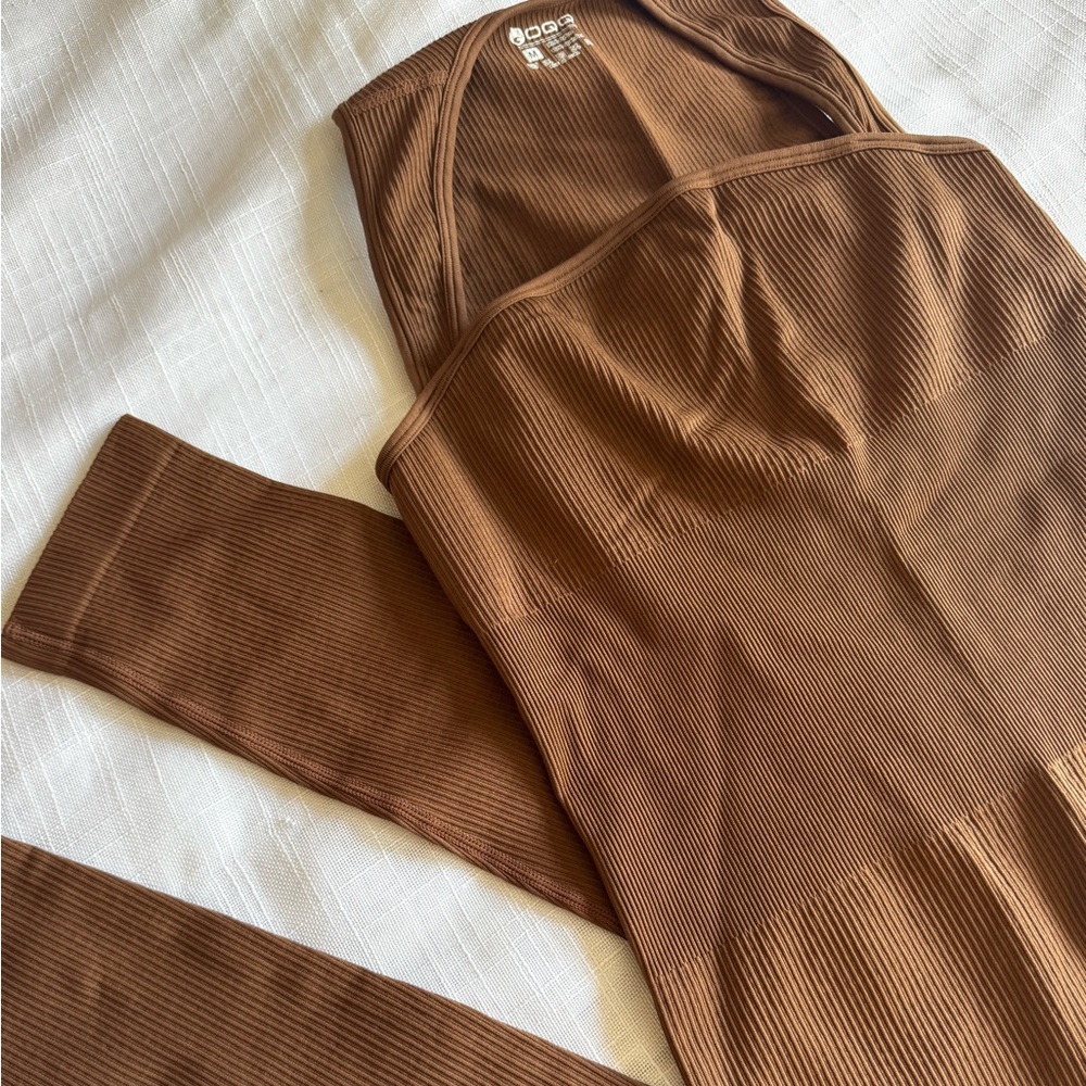 Brown Ribbed Jumpsuit for Casual and Active Wear